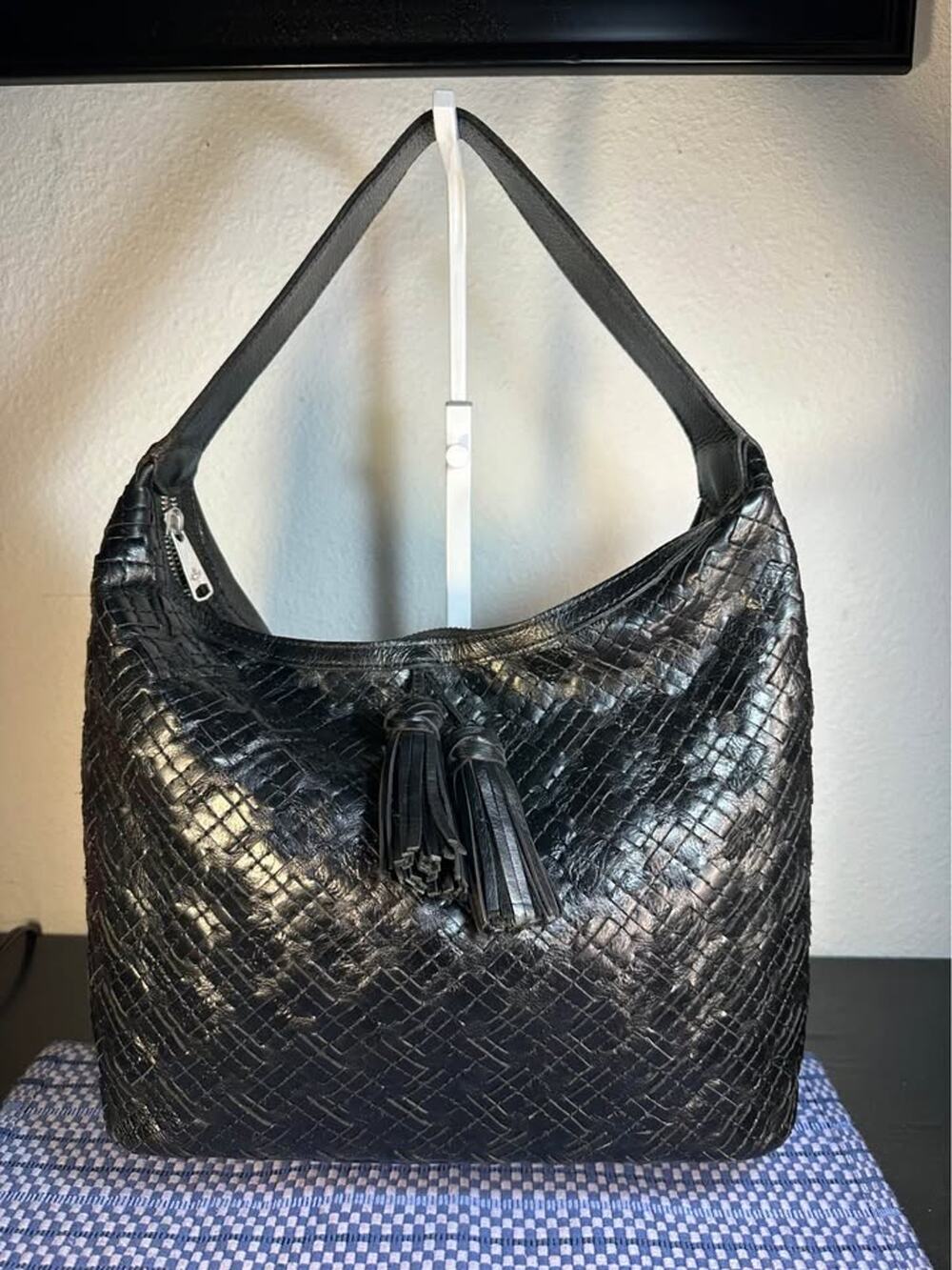 Patricia Nash Maissana (or Marcellina) Braided Stitch Leather Hobo Bag in black